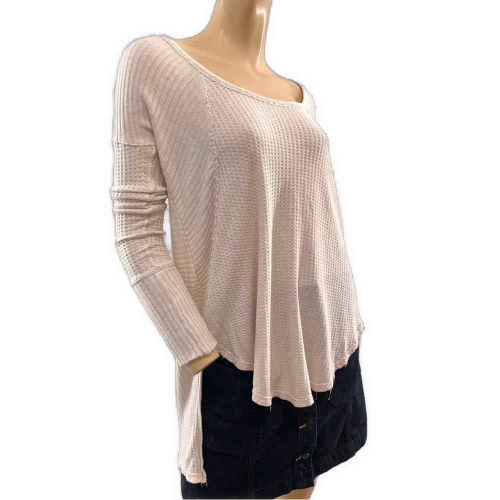 Free People- Light Pink Cream Textured Knit High Low Thermal Top- S
